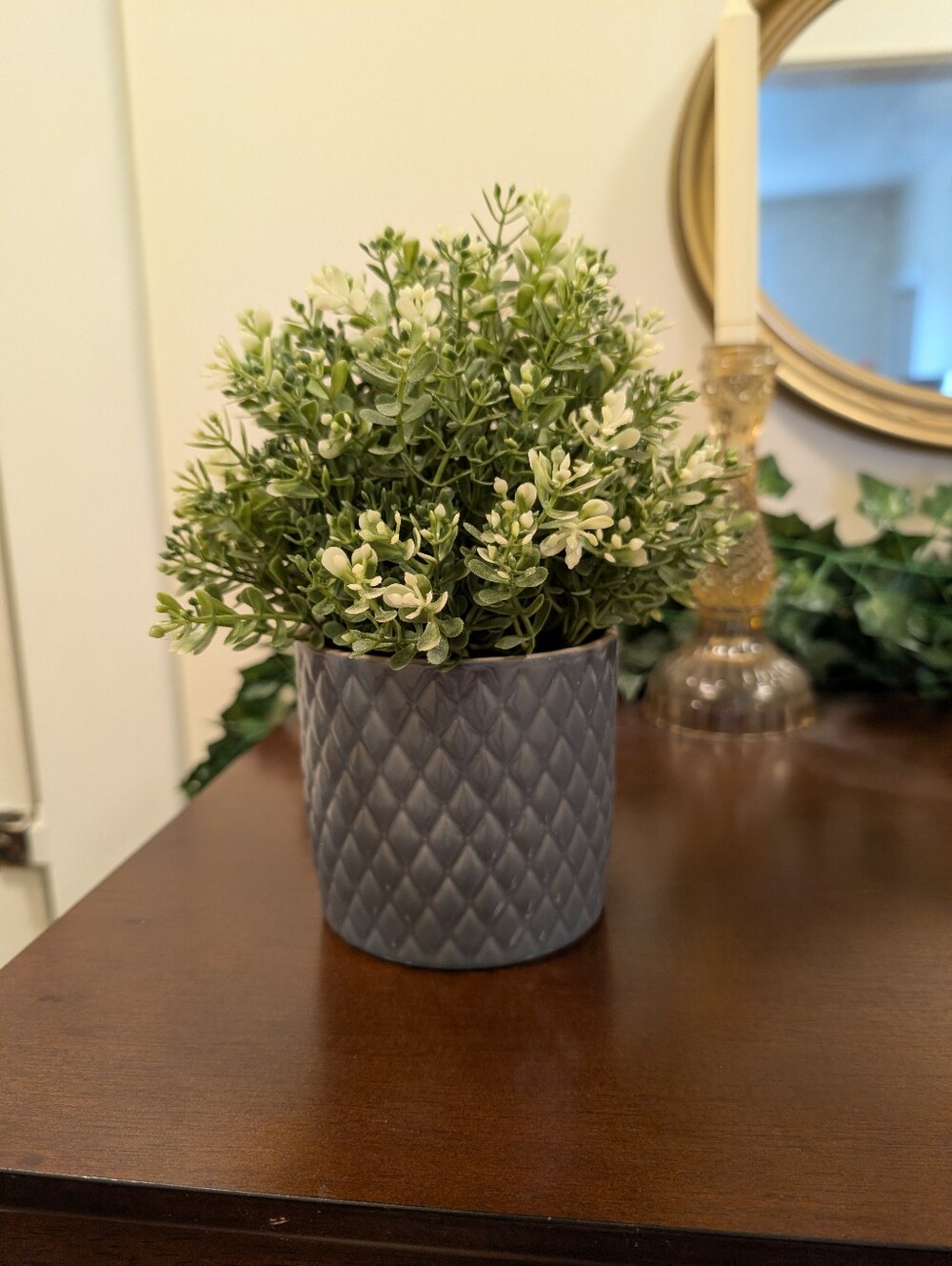 IKEA Gray Quilted Planter with Green Faux Blooms Plant
